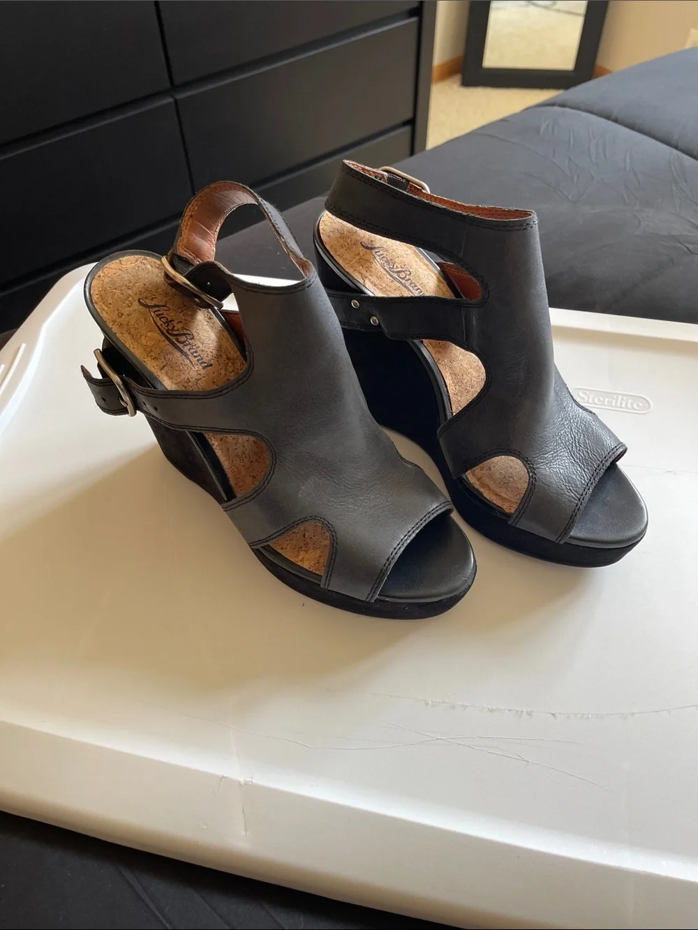 Lucky Brand Black Open-Toe Wedge Sandals